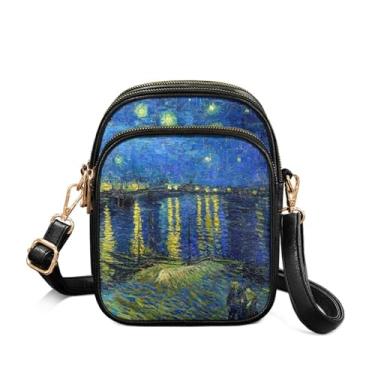 Imagem de Jolamirel Van Gogh Art Bolsa para celular feminina bolsa transversal de couro PU arte Monet bolsa para celular pequenas bolsas de viagem, Noite estrelada sobre o Ródano