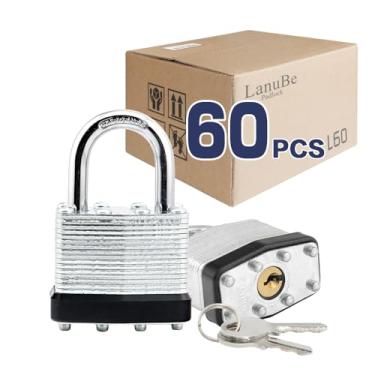 Imagem de LanuBe Cadeado com chave laminada (1-9/16 polegadas, 40 mm), fechaduras semelhantes com chave, manilha normal, aro de plástico preto marcado, pacote com 60..