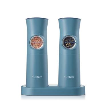 Imagem de Flendy Conjunto de moedor elétrico de sal e pimenta por gravidade, recarregável, conjunto automático de moedor de sal e pimenta com base de carregamento USB C, conjunto elétrico de saleiro e