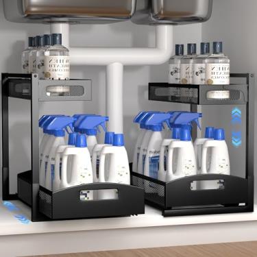 Imagem de Organizador embaixo da pia, pacote com 2 organizadores e armazenamento sob a pia com altura ajustável, armazenamento sob a pia de 2 camadas para armário de cozinha e banheiro