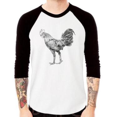Imagem de Camiseta Raglan Galo Desenho Manga 3/4 - Foca na Moda, Branco, Preto, 