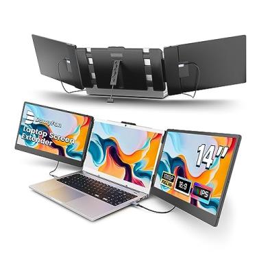 Imagem de domyfan Extensor de tela de laptop de 14 polegadas, monitor portátil triplo FHD 1080p IPS para laptop, HDMI/USB-A/Tipo-C Plug and Play para Windows, Mac, Android, Chrome, Switch e PS5, funciona com