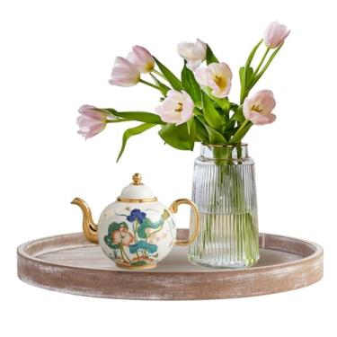 Imagem de Bandeja de mesa de café decorativa de madeira redonda rústica para decoração de casa de fazenda com textura de madeira, bandeja de servir otomana boho para balcão de cozinha para casa (cinza branco)