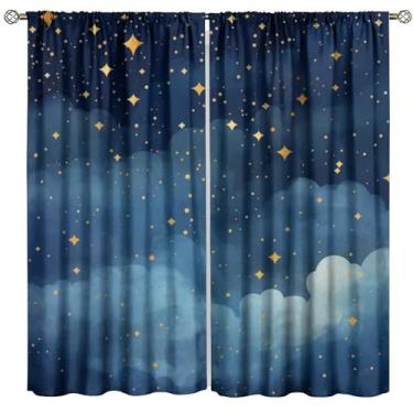Imagem de Cortina de céu noturno com estrelas para crianças, estampa de galáxia espacial estrelada azul, tratamentos de janela para quarto de meninos e meninas, decoração de sala de estar, 106,6 cm L x 114,3 cm