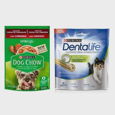 Imagem de Kit 15 Un Ração Úmida Dog Chow Adultos Todos Tamanhos Cordeiro 100g + Petisco Purina Dentalife