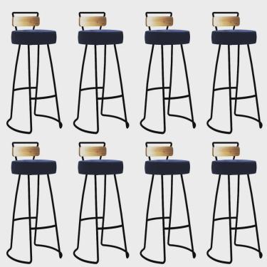 Imagem de Kit 08 Banqueta Alta Alice Bar Balcão Cozinha Com Encosto Madeira Ferro Preto Suede Azul Marinho - Ahz Móveis
