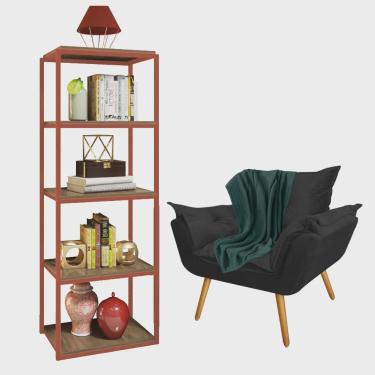 Imagem de Kit Poltrona Fatte com Manta Soft Verde e Estante Livreiro Ferro Bronze mdf Rústico Sue...