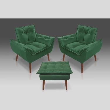 Imagem de Kit 02 Poltrona Opala Com Fibra Siliconada + 01 Puff Opala Suede Verde -Pandora Decor