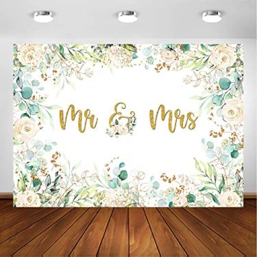 Imagem de Avezano Fundo Greenery Mr and Mrs. para recepção de casamento branco floral dourado eucalipto casamento fundo de fotografia cerimônia de noivado aniversário festa chá de noiva sessão de fotos (2,1 x 1,5 m)