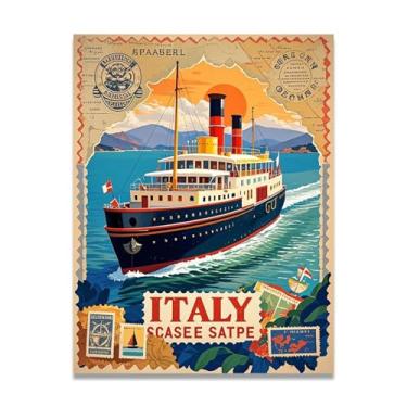 Imagem de Impressão em tela clássica italiana Coastal Voyage Vintage Italian Steamship - Carimbo de papel envelhecido 50 x 65 cm