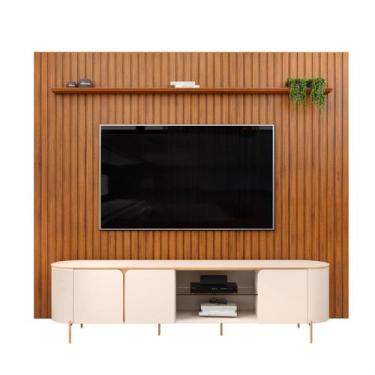 Imagem de Painel Suspenso Ripado Trento C/ Rack Bancada MDF Ariana Sala Estar TV