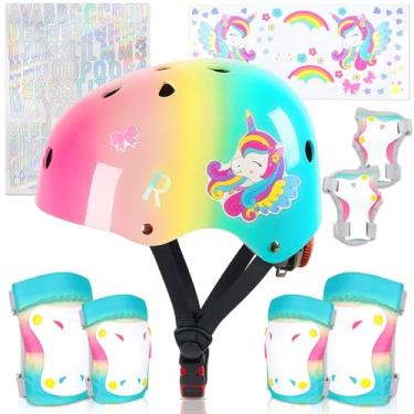 Imagem de Unicorn Catcher Capacete Infantil, Capacete De Bicicleta Para Criança Com Adesivos Faça Você Mesmo, Joelheiras E Cotoveleiras De Unicórnio, Conjunto De Equipamentos De Proteção Ajustáveis Para Menin