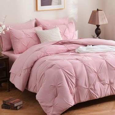 Imagem de DOWNCOOL Conjunto de edredom feminino rosa, tamanho casal, 7 peças, cama pintuck em uma bolsa, conjunto de cama casal de microfibra macia para todas as estações, com lençóis, fronhas e fronhas