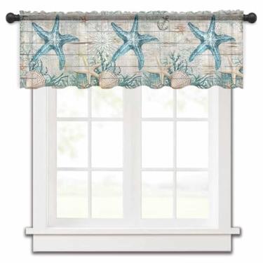 Imagem de Cortina transparente azul-petróleo estrela do mar sanefa para janelas de cozinha, verão oceano retrô bege grão de madeira chiffon tratamentos de janela bolso haste curto top sanefa para sala de estar