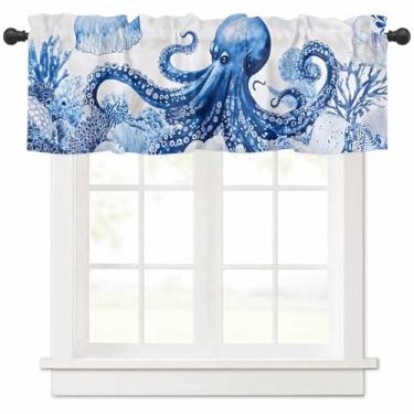 Imagem de Valança de janela de polvo oceano azul vida marinha coral concha haste bolso cortina sanefa, 137 x 45 cm verão costeiro cozinha sanefa para quarto, banheiro, café