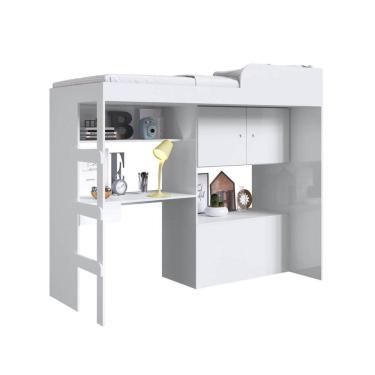 Imagem de Cama Alta Multifuncional Branca com Baú Estação de Trabalho e Escada Lion Art In Móveis