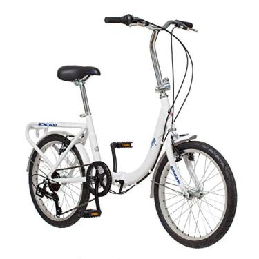 Imagem de Schwinn Bicicleta dobrável adulta Loop para homens e mulheres, rodas de 50,8 cm, transmissão de 7 velocidades, rack de carga traseiro, bolsa de transporte, branca