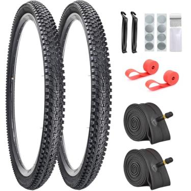 Imagem de Pacote com 2 pneus de mountain bike 61 cm x 5 cm com 2 tubos internos, 2 alavancas, 2 tiras de aro, kit de adesivos sem cola..