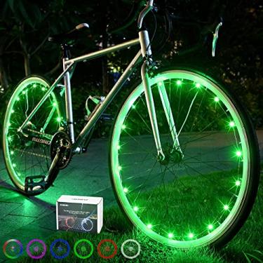 Imagem de DAWAY A01 Luzes LED verdes brilhantes para bicicleta - Luz impermeável para pneu de bicicleta (2 peças), luzes de roda de bicicleta de segurança, presentes para crianças, adultos, adolescentes e