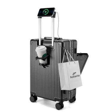 Imagem de Mala de viagem feilario expansível, de alumínio, roda giratória, moldura de alumínio, com cadeado com TSA embutido, com porta-copos e suporte de telefone – Tamanhos de 50,8 cm/61 cm, Cinza A, 20in
