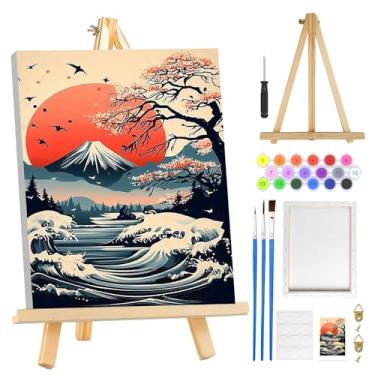 Imagem de MOGTAA Kit de pintura por números The Great Wave para adultos iniciantes com moldura, kits de pintura de paisagem para adultos por números em tela com cavalete, kits de pintura a óleo DIY fáceis para