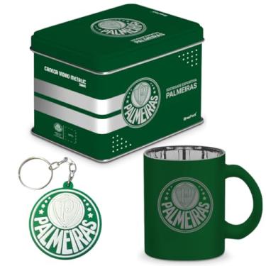Imagem de Kit Caneca De Vidro Metalica Palmeiras 300ML Caixa Organizadora Metal + Chaveiro Porco Verdão
