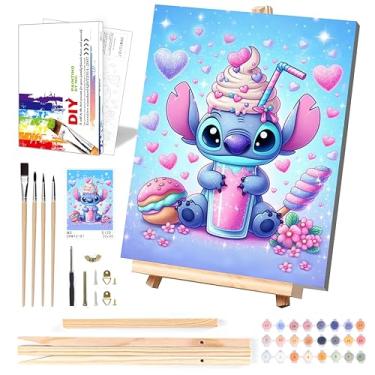 Imagem de Kit de pintura de desenho animado por números para crianças com tela emoldurada - com cavalete de madeira, kits de pintura fácil para crianças de 8 a 12 anos, kits de pintura a óleo acrílica DIY com 4