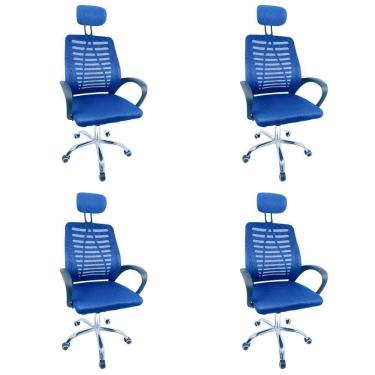 Imagem de Kit 4 Cadeiras Escritório Diretor Tela Mesh Com Encosto De Cabeça Azul E Preto