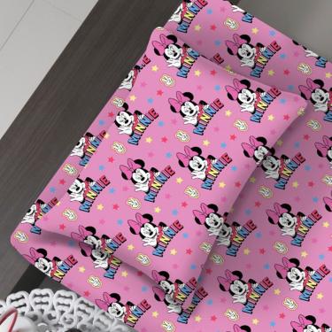 Imagem de Jogo De Cama Portallar Solteiro Malha Mista 65% Algodão E 35% Poliéster Estampado Disney Minnie Estrela 2 Pçs Rosa
