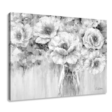 Imagem de Arte de parede de flores abstratas para sala de estar, quadro floral preto e branco em tela para decoração de quarto de escritório cinza 81 x 61 cm