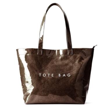 Imagem de KALIDI Sacola de papel Kraft, bolsa de praia de PVC ultra transparente com zíper, bolsa de ombro vintage grande para carregar toda a bolsa de ombro de plástico, Café, 32 x 15.24 x 32 cm