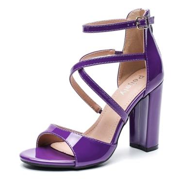 Imagem de Peijely Sandália Feminina Formal Com Tiras, Salto Alto Grosso E Bloco, Tira No Tornozelo, Zíper, Roxo, Verniz, Tamanho 40 - Comprimento Da Palmilha: 25 Cm/9,84 Pol. Eua 8,5