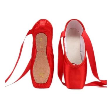 Imagem de Nexete Sapatilhas profissionais Vanassa Ballet Pointe Sapatilhas de cetim com biqueira e fita, sola de couro, haste resiliente capaz de alcançar a ponta total para meninas e mulheres, Vermelho, 40