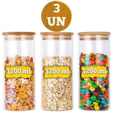 Imagem de Jogo De Potes De Vidro Frasco Hermético Tampa De Bambu Natural Condime