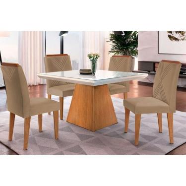 Imagem de Conjunto: Mesa de Cozinha Luna c/ Tampo Madeirado c/ Vidro Canto Curvo 90x90cm e 4 cadeiras Amsterdã Imbuia/Off White - Suede Capuccino - Rufato
