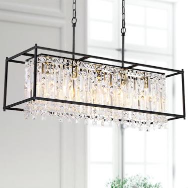 Imagem de Miuyhji Lustre Moderno De Cristal Preto Para Sala Jantar, 36" Grande Retângulo Com Ondulações Água, Pendente Vidro, Iluminação Linear Elegante, Ilha Cozinha, Estar, Teto Inclinado Plano, C36 X L11 A