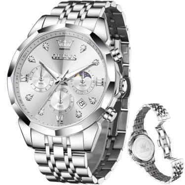 Imagem de OLEVS Relógios masculinos luxuosos, casuais, com mostrador grande, de aço inoxidável, à prova d'água, para negócios, analógico, luminoso, data, relógios masculinos, relógios masculinos prateados