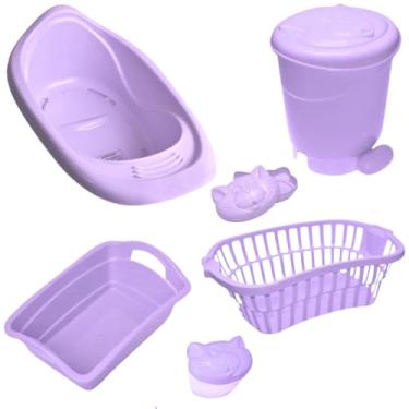 Imagem de Kit 6 pçs Bebe Banheira Cesto Organizador Saboneteira Porta-Algodão Lixeira (Lilás)