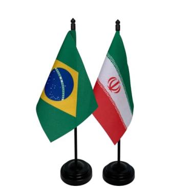 Imagem de Kit Bandeiras de Mesa Brasil e Irã, Base e Haste em Plástico Preto, Tecido Oxford, Uma Face