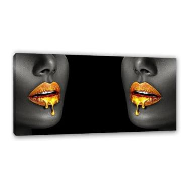 Imagem de Pinturas a óleo de mulheres negras de tamanho grande com lábios dourados sobre tela moderna parede Cuadros Pictures Home Living Roon Decor 140 x 70 cm (56 x 28 pol.) Emoldurado