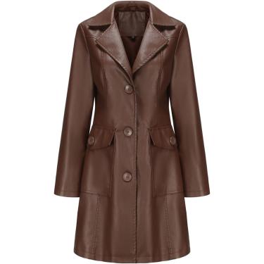 Imagem de Jaqueta De Couro Mulheres Botões Lapela Motociclista Moto Jaquetas Longas Com Bolso Motocicleta Outwear Casaco, Coffee, XL