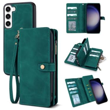 Imagem de TwoHead Capa carteira para Samsung Galaxy S23 com suporte para cartão e capa magnética destacável para Galaxy S23, capa protetora de couro PU à prova de choque com alça de pulso (15,5 cm, verde)