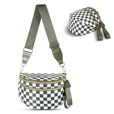 Imagem de Bolsa transversal feminina quadriculada espaçosa pochete com alça ajustável, Xadrez verde feijão, One Size