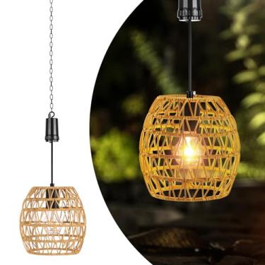 Imagem de shumi Luminária Pendente Externa Operada Por Bateria Com Temporizador De 6 Horas, Lustre Interno, Lanterna Vime, Lâmpada À Prova D'Água, Edison Para Gazebo, Varanda, Jardim, Pátio, Decoração Casa