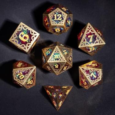 Imagem de Cusdie 7-Piece Metal Frame Sharp Edges DND Dice Set with Metal Frame- Perfect for Tabletop RPGs Board Games Gifting and Collecting(Red and Blue)