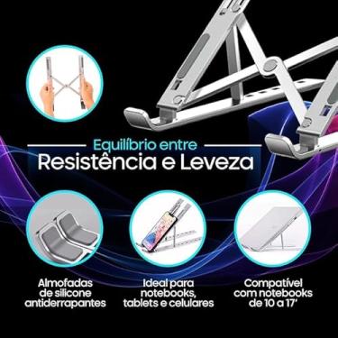 Imagem de Suporte para Notebook e Tablet em Alumínio Resistente Apoio Mesa em Metal Articulado Dobrável Ajustável com Altura Regulável Portátil (PRATA)