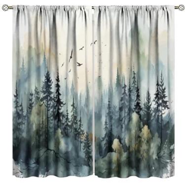 Imagem de Cortina blackout florestal para quarto de crianças, estilo aquarela, natureza, montanha, floresta, verde, floresta, pássaros, tratamentos de janela para casa, 2 painéis, cortinas para sala de jantar