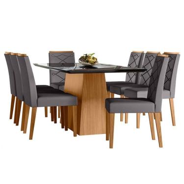 Imagem de Mesa de Jantar 180cm Bárbara com Vidro Ype Preto e 8 Cadeiras Caroline Ype Veludo Cinza - New Ceval