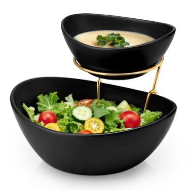 Imagem de MALACASA Conjunto de 2 camadas de batatas fritas e molho com suporte de metal, tigelas de aperitivo de cerâmica para festa, exibição de alimentos multiuso para frutas, lanches, pratos de servir em