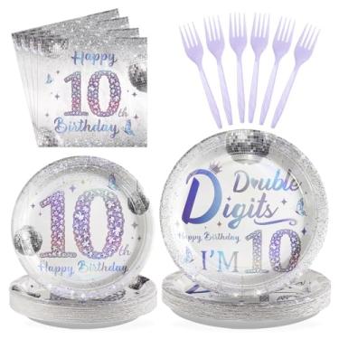 Imagem de Grencian 96 peças de decoração de discoteca de aniversário de 10 anos para meninas e meninos prata Dazzle suprimentos de pratos descartáveis iridescência feliz 10º aniversário conjunto de talheres